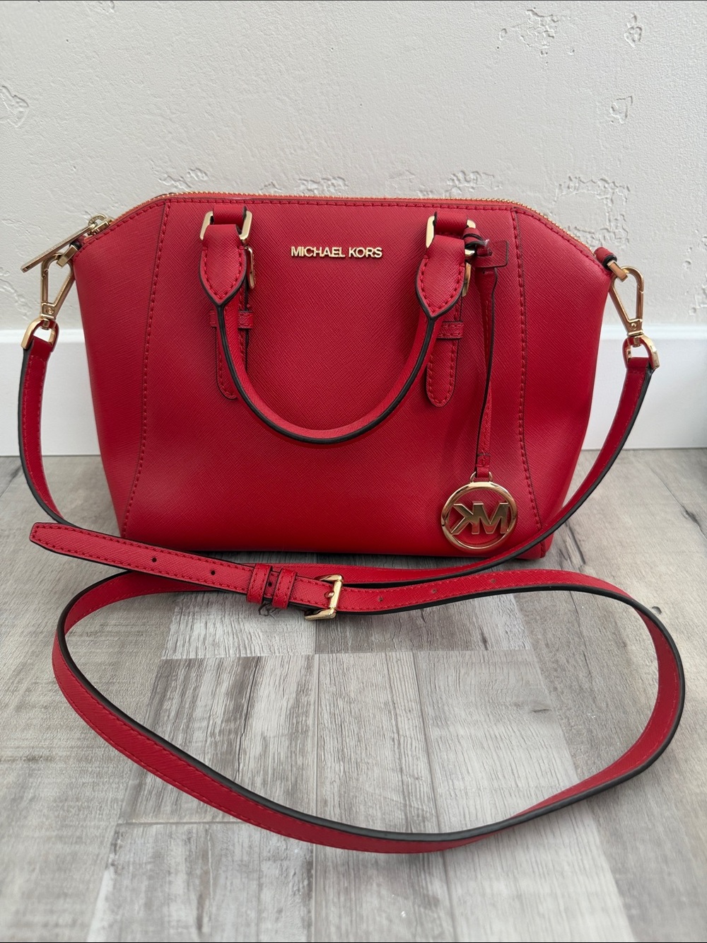 Michael Kors Red Saffiano Leather Satchel with Gold Hardware